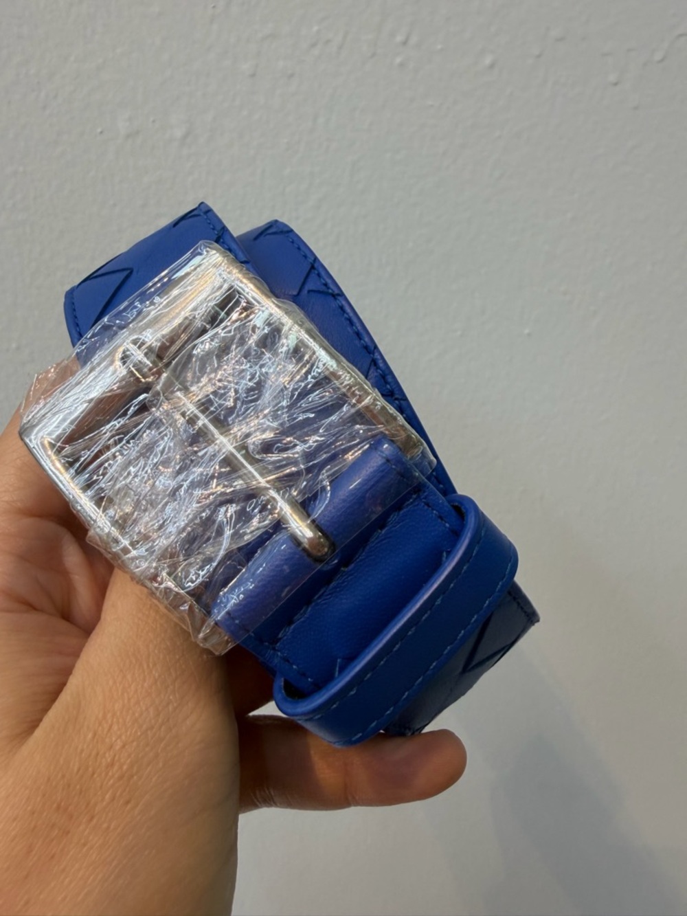 Bottega Veneta Blue Leather Wristband with Silver Buckle size is 3*95cm